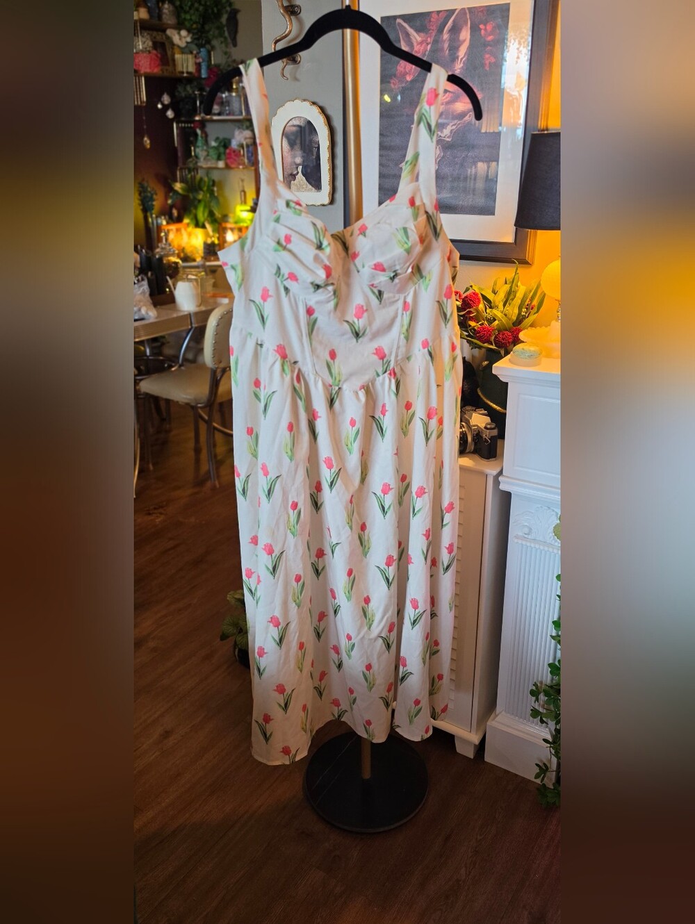 SHEIN Cream Midi Dress with Pink Tulip Print